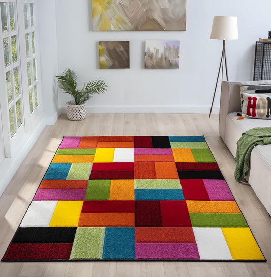 Hand-Carved Geometric Multi-Coloured Rug – Largo Multi – Modern Spectrum Patchwork Design for Living Room or Bedroom