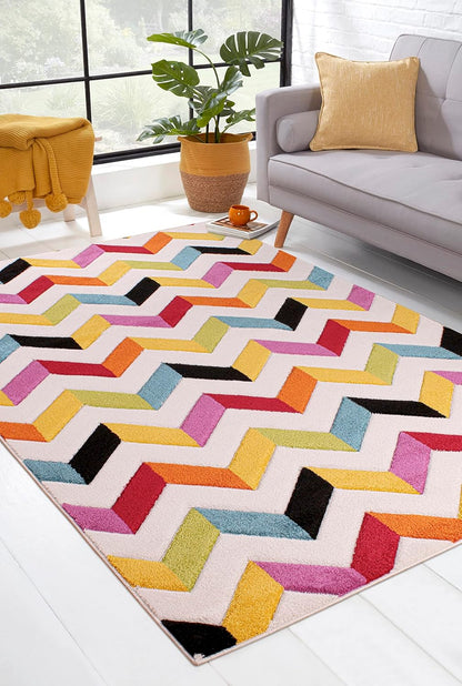 Hand-Carved Geometric Multi-Coloured Rug – Coral Multi – Modern Statement Rug for Living Room