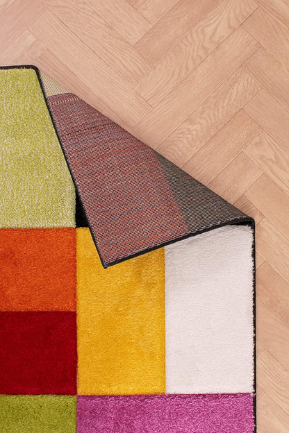 Hand-Carved Geometric Multi-Coloured Rug – Largo Multi – Modern Spectrum Patchwork Design for Living Room or Bedroom