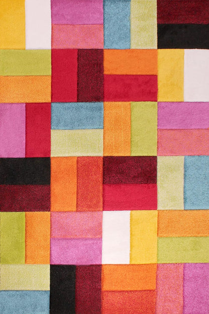 Hand-Carved Geometric Multi-Coloured Rug – Largo Multi – Modern Spectrum Patchwork Design for Living Room or Bedroom