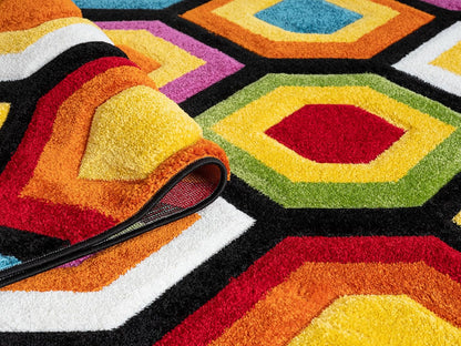 Hand-Carved Geometric Multi-Coloured Rug – Marco Multi – Bold Honeycomb Pattern Rug for Living Room or Bedroom