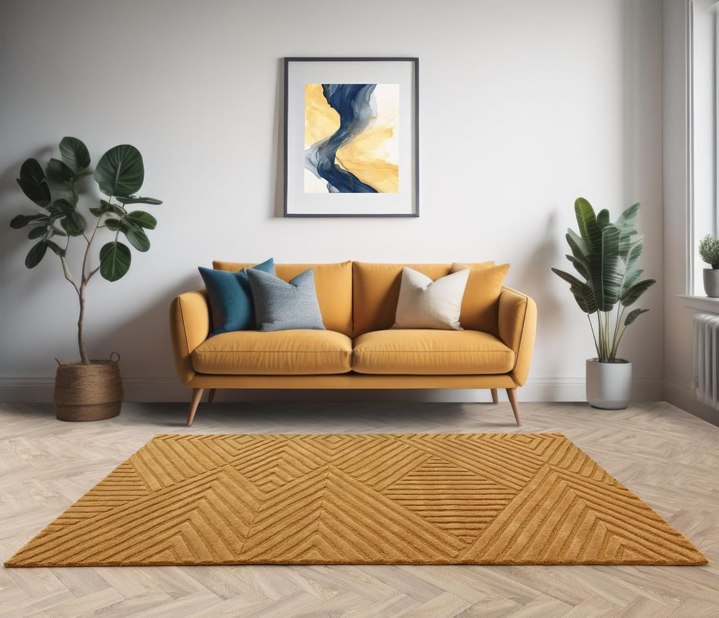 Hague Hand Made Wool Rug for Bedroom Dining Living Room Geometric Lines Tufted Modern Classic Soft Luxury Rug Ochre Yellow