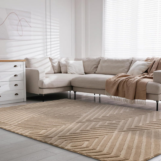 Hague Hand Made Wool Rug for Bedroom Dining Living Room Geometric Lines Tufted Modern Classic Soft Luxury Rug Taupe