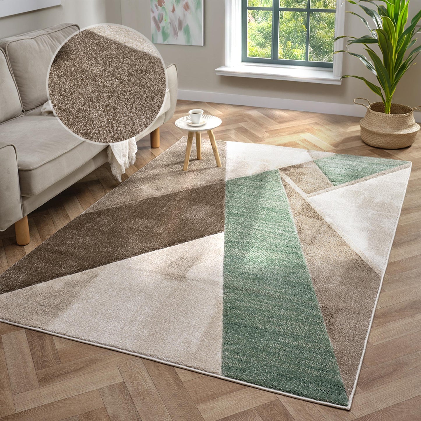 Orbit Nordyl Geometric 3D Carved Beige Green Rug – Modern Soft Textured Polyester Carpet for Living Room, Bedroom, and Hallway