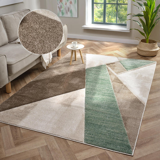 Orbit Nordyl Geometric 3D Carved Beige Green Rug – Modern Soft Textured Polyester Carpet for Living Room, Bedroom, and Hallway