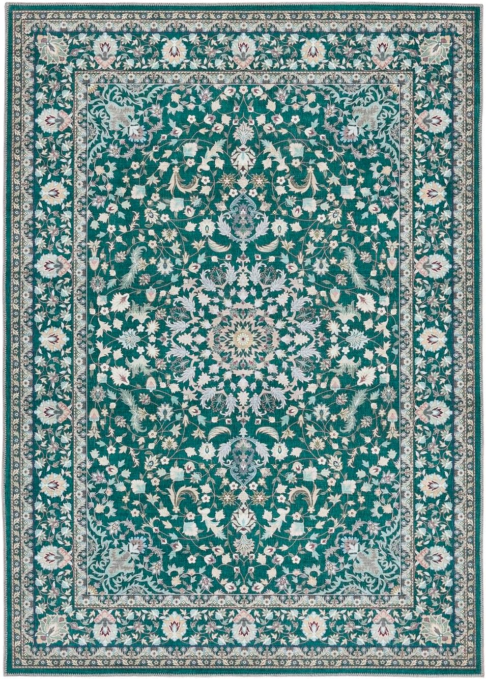 Waschbarer Teppich Windsor in Smaragdgrün – Traditioneller rutschfester Vintage-Teppich