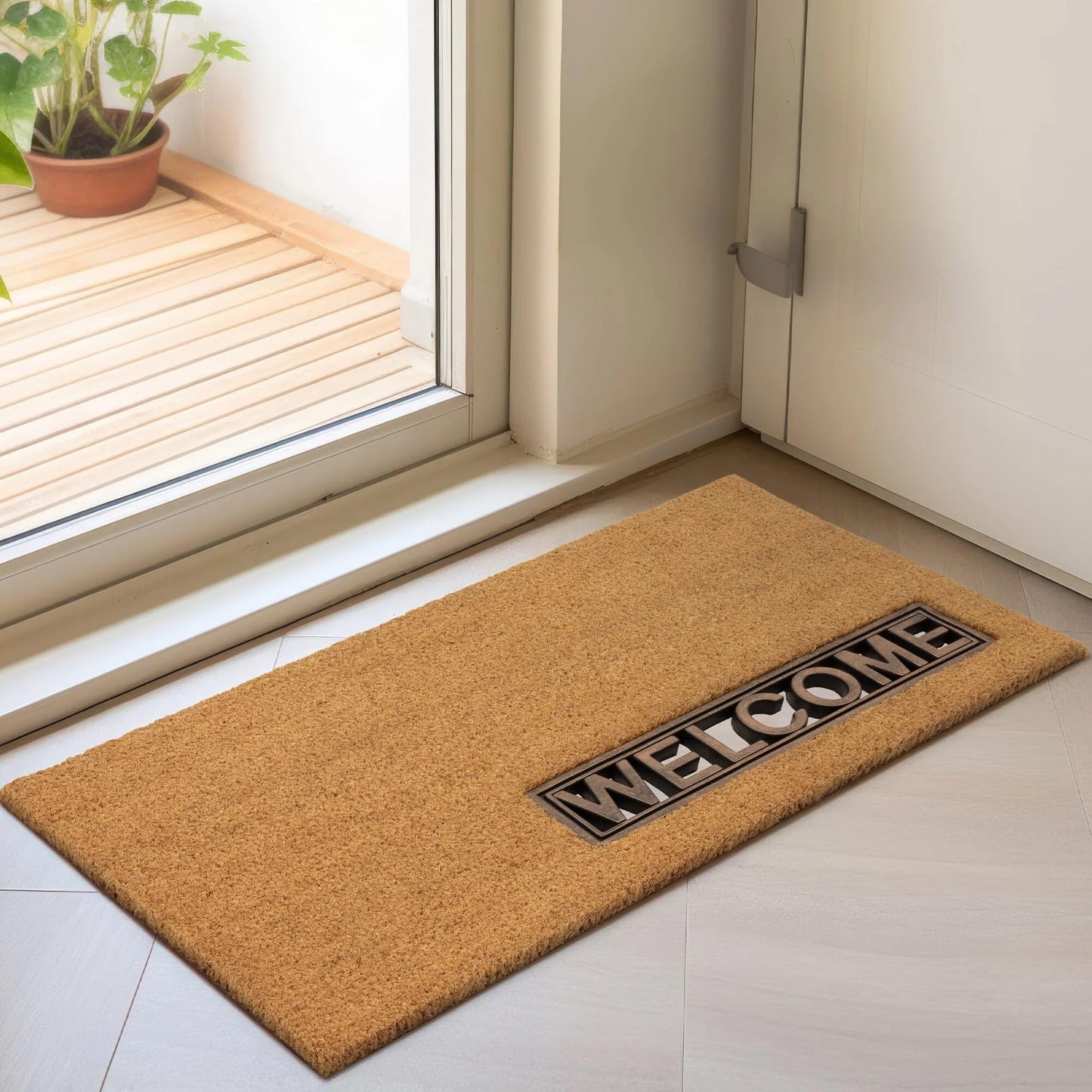 Fußmatte mit Aufschrift „Welcome Greetings“ für Tür, Eingang, Zuhause, Garten, Außenbereich, natürliche Kokosfaser, langlebiger Schlammstopper, Schmutzfänger, Bodenmatte, rutschfeste Fußmatte