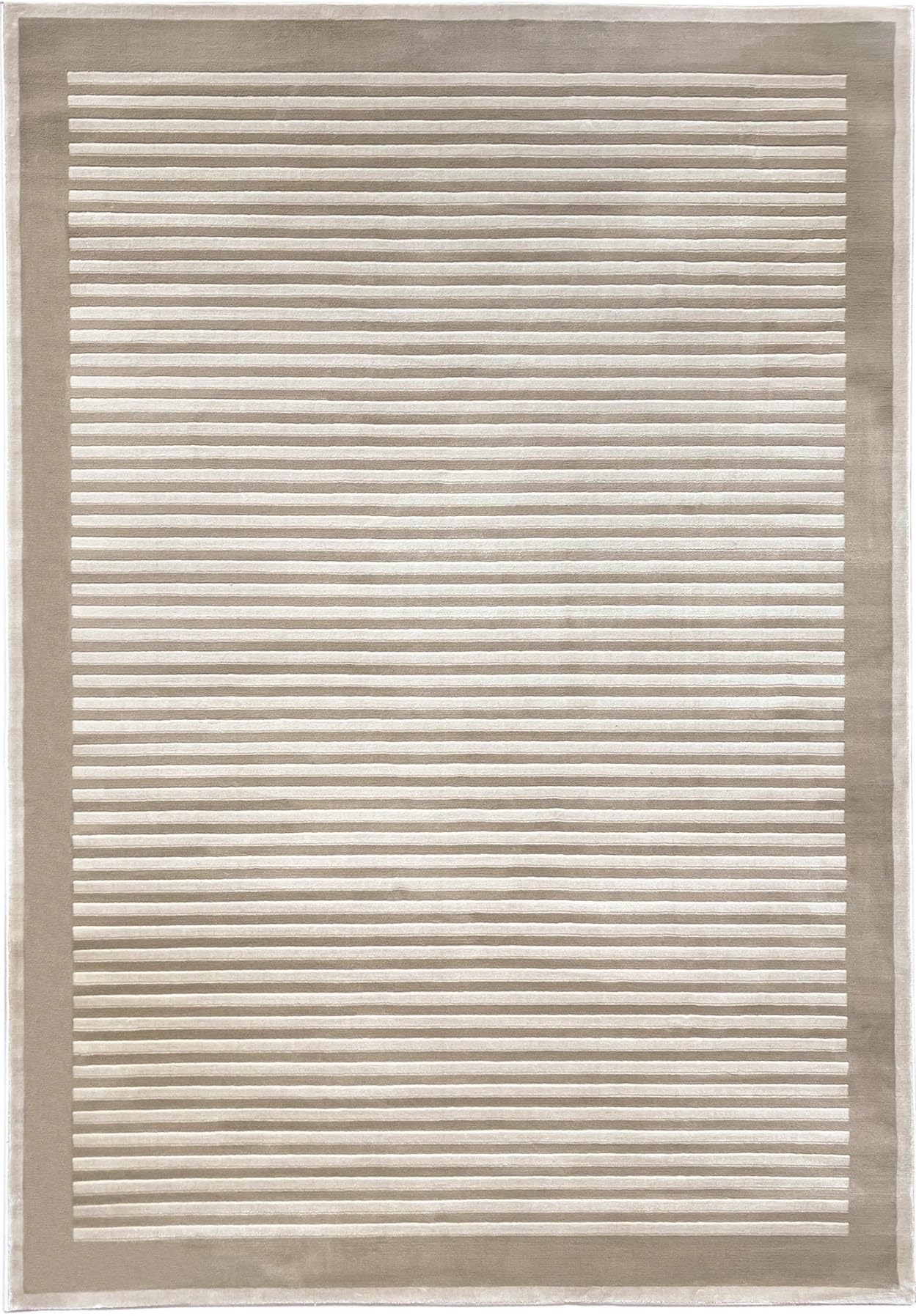 Teppich mit gestreifter Bordüre für modernes Wohnzimmer, Schlafzimmer, weich, seidig, samtig, naturbeige, hochwertiger, klassischer Kurzflor-Teppich