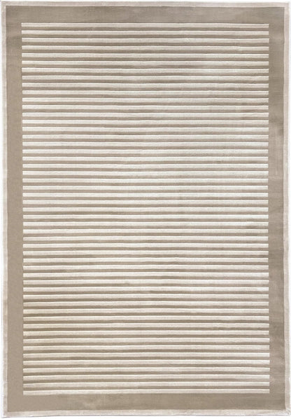 Teppich mit gestreifter Bordüre für modernes Wohnzimmer, Schlafzimmer, weich, seidig, samtig, naturbeige, hochwertiger, klassischer Kurzflor-Teppich