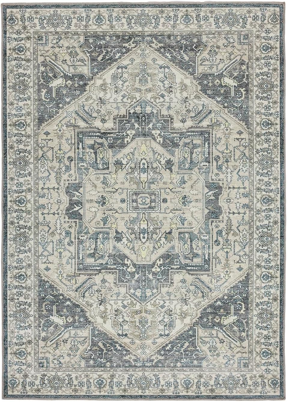 Waschbarer Teppich Napoli in Blau, Grau und Gelb – Traditioneller, rutschfester Vintage-Teppich