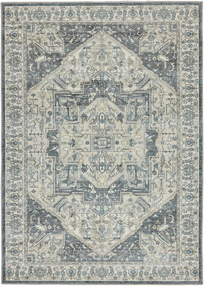 Waschbarer Teppich Napoli in Blau, Grau und Gelb – Traditioneller, rutschfester Vintage-Teppich