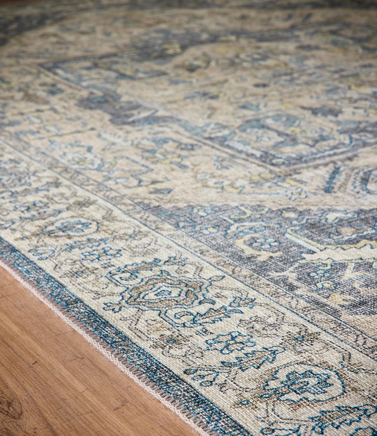 Waschbarer Teppich Napoli in Blau, Grau und Gelb – Traditioneller, rutschfester Vintage-Teppich