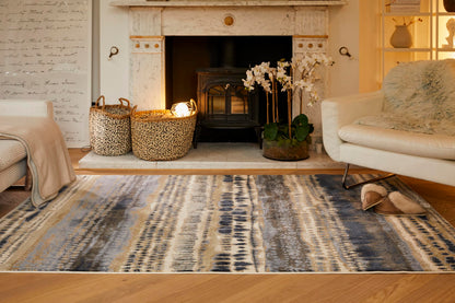 Batik Style Rug - Soft Touch Short Pile Area Carpet, Abstract Striped Design in Navy, Cream & Multi