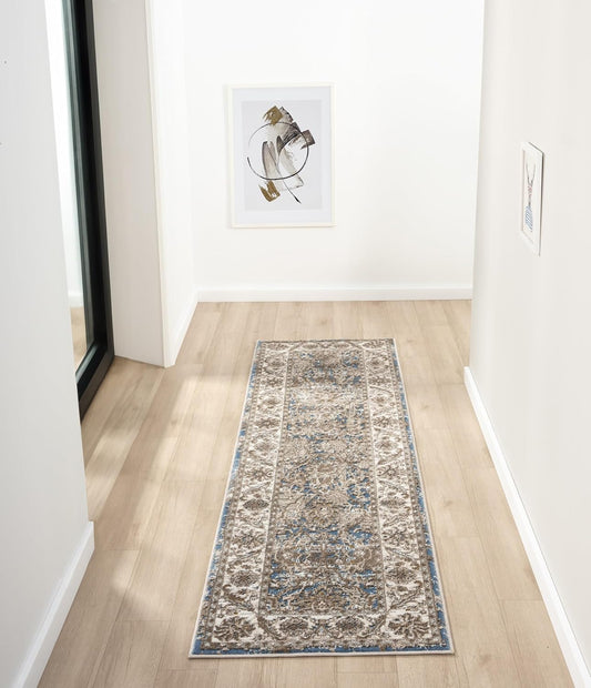 Bordered Blue 553A2 Vintage Runner – Traditional Non-Slip Hallway Carpet (230x66 cm & 300x80 cm)