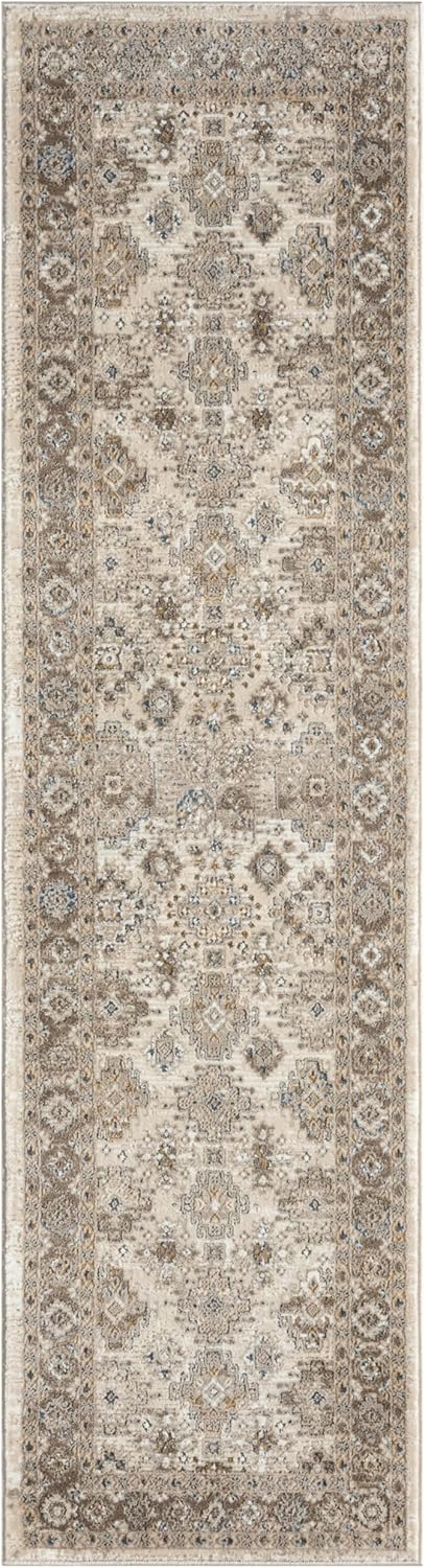 Bordered Cream Brown 550AQ Runner – Traditional Vintage Non-Slip Hallway Carpet