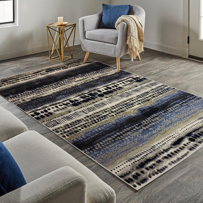 Batik Style Rug - Soft Touch Short Pile Area Carpet, Abstract Striped Design in Navy, Cream & Multi