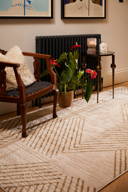 Modern Abstract Rug for Living Room Bedroom Dining Room Chic Geometric Soft Silky Short Pile Gold Ivory White Rug