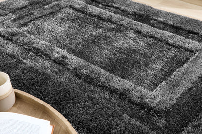 Origins Frame Hand Tufted Soft Silky Thick Shaggy Rug in Charcoal Grey