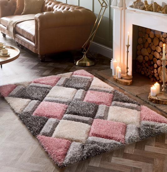Origins 3D GEO Soft Silky Shaggy Modern Diamond Rug in Blush Pink