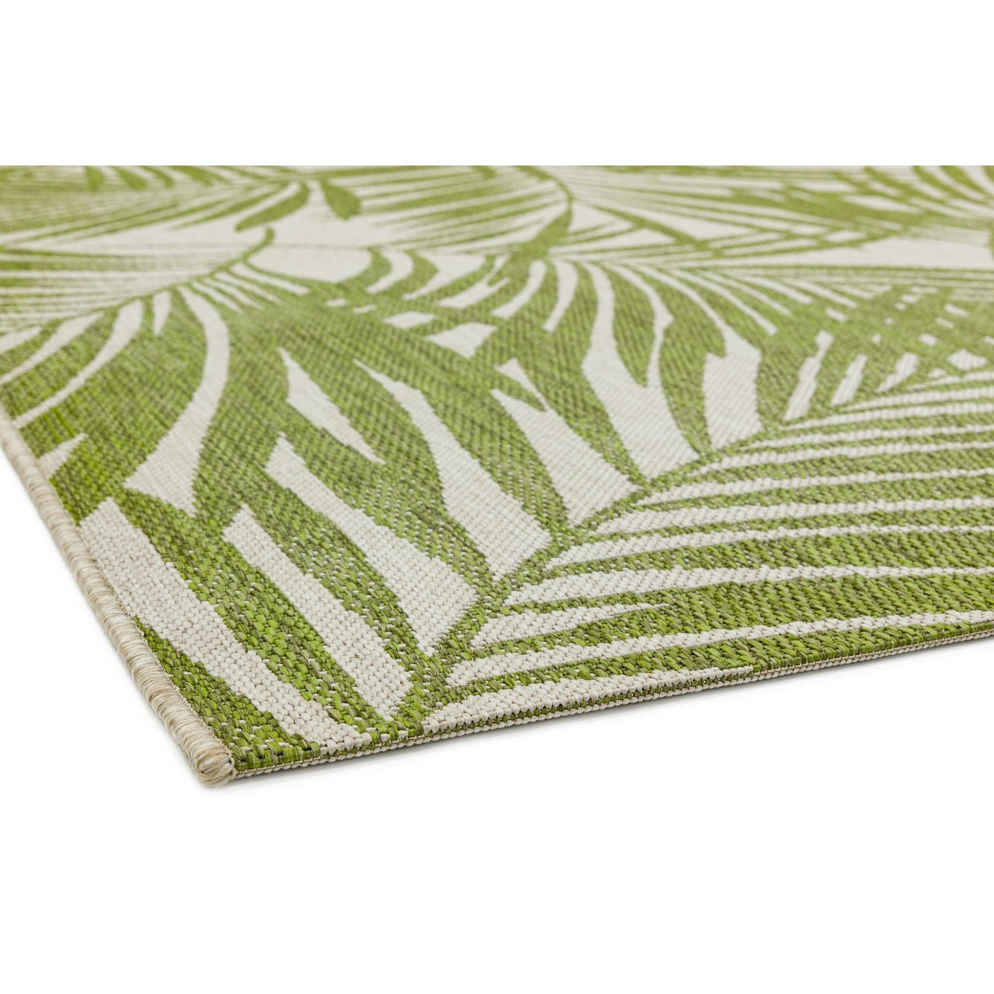 Patio Palm Botanical Leaf Green & Natural Beige Indoor & Outdoor Flatweave Rug