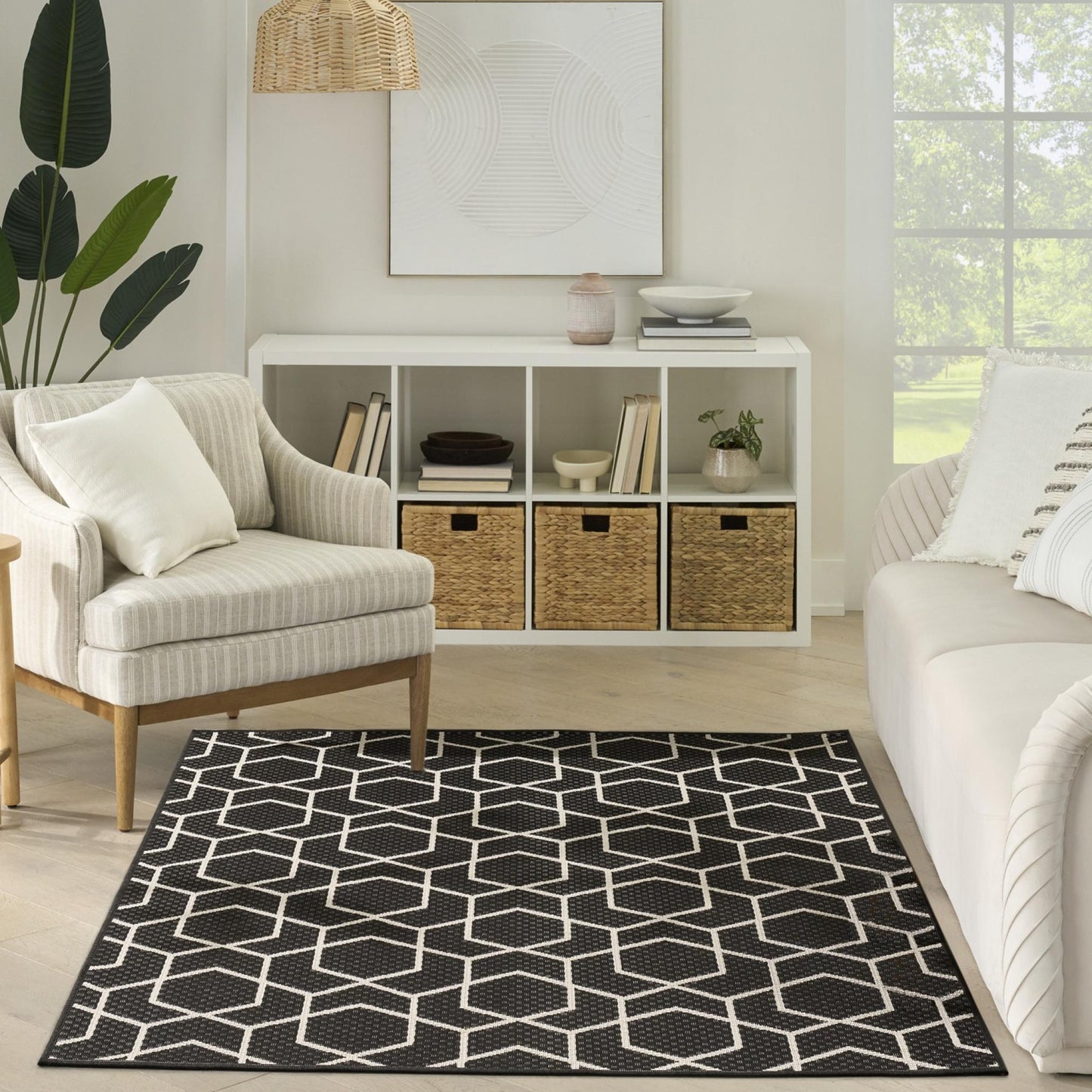 Horizon HOZ01 Modern Geometric Classic Trellis Black & Ivory Indoor & Outdoor Flatweave Rug