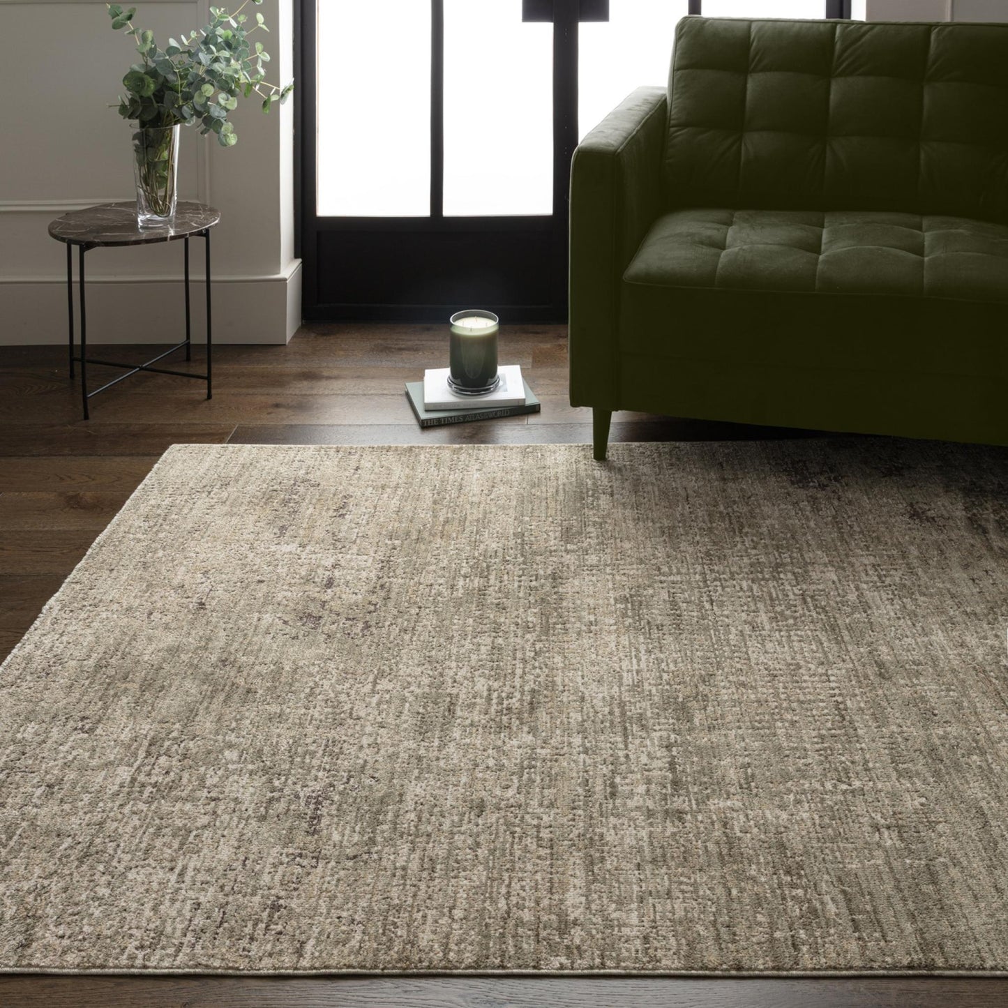 Heriz HE07 Patina Green Modern Abstract Rug – Soft High-Low Textured Space Dyed Polyester Carpet
