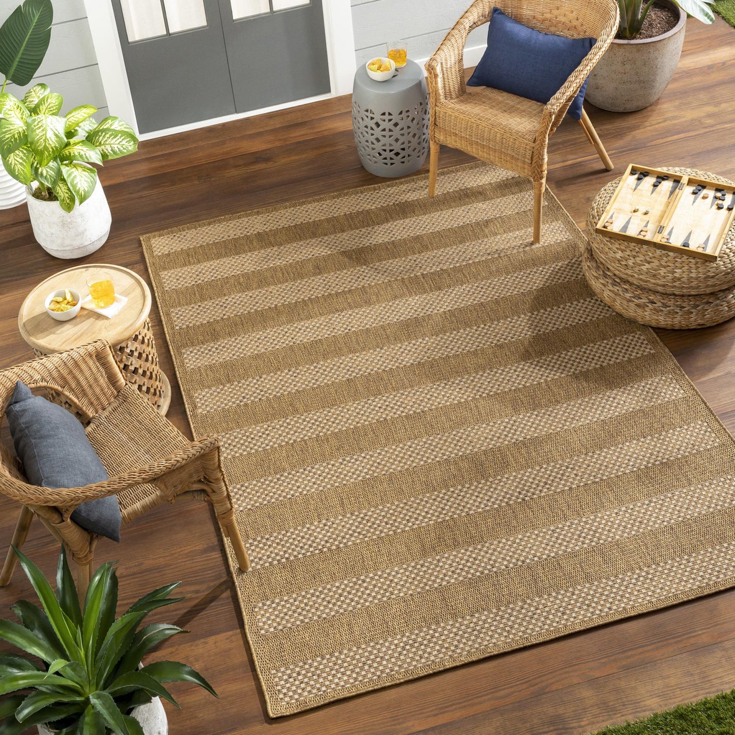 Pismo Beach PMB2302 Modern Striped Brown Indoor & Outdoor Flatweave Rug