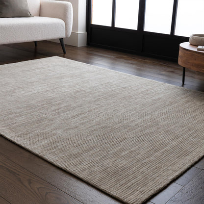 Hazy Stone Beige Natural Handwoven Rug – Tip-Sheared Finish Soft Wool Blend Plain Striped Carpet for Modern Interiors
