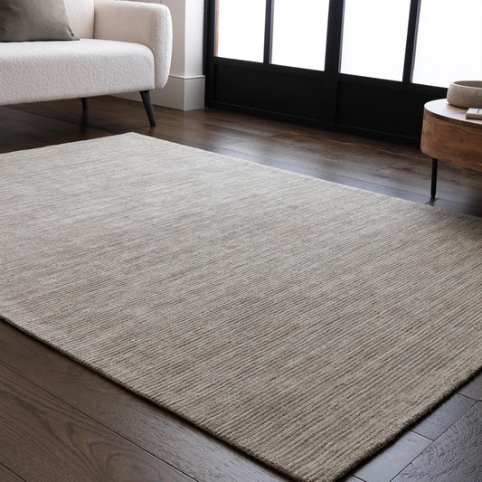 Hazy Stone Beige Natural Handwoven Rug – Tip-Sheared Finish Soft Wool Blend Plain Striped Carpet for Modern Interiors