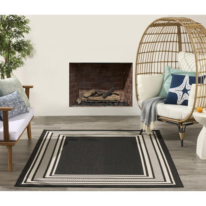 Horizon HOZ03 Modern Bordered Charcoal Black Indoor & Outdoor Flatweave Rug