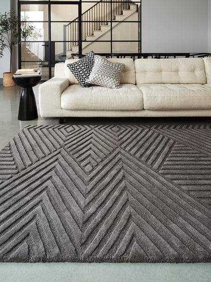 Hague Hand Made Wool Rug for Bedroom Dining Living Room Geometric Lines Tufted Modern Classic Soft Luxury Rug Charcoal