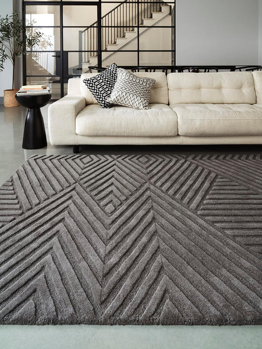 Hague Hand Made Wool Rug for Bedroom Dining Living Room Geometric Lines Tufted Modern Classic Soft Luxury Rug Charcoal