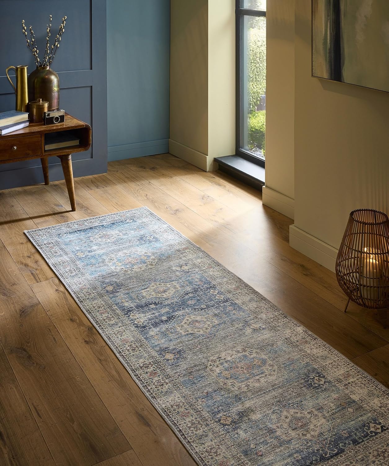 Waschbarer Läufer in Venedigblau – Traditioneller, rutschfester Flurteppich im Vintage-Stil (67 x 200 cm)