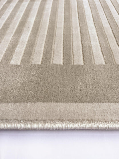 Teppich mit gestreifter Bordüre für modernes Wohnzimmer, Schlafzimmer, weich, seidig, samtig, naturbeige, hochwertiger, klassischer Kurzflor-Teppich