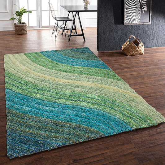 Lena Wave 3D Shaggy Rug – Teal Blue – 160x230 cm Soft Plush High Pile Carpet
