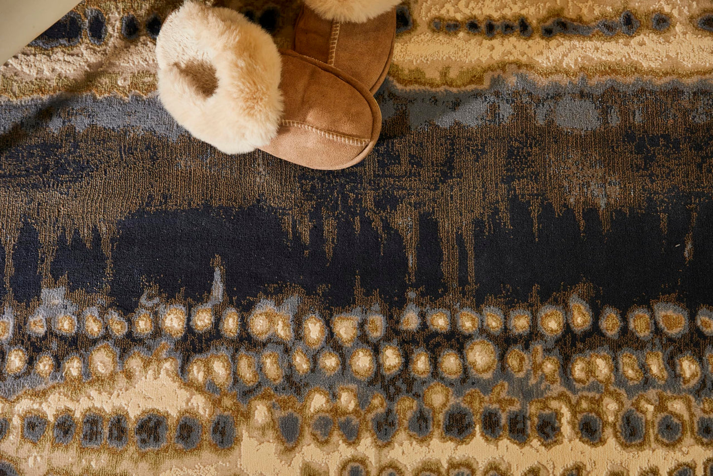 Batik Style Rug - Soft Touch Short Pile Area Carpet, Abstract Striped Design in Navy, Cream & Multi