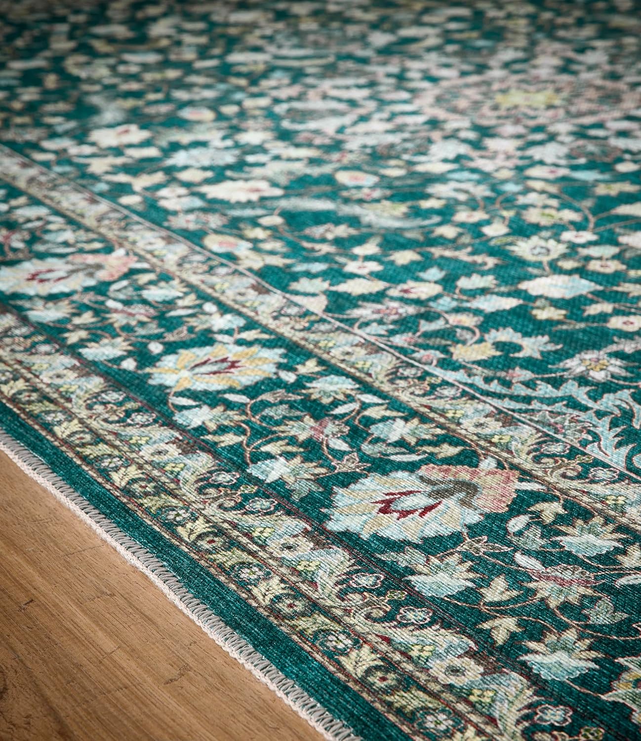Waschbarer Teppich Windsor in Smaragdgrün – Traditioneller rutschfester Vintage-Teppich