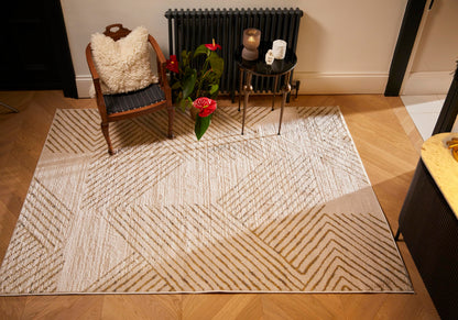 Modern Abstract Rug for Living Room Bedroom Dining Room Chic Geometric Soft Silky Short Pile Gold Ivory White Rug