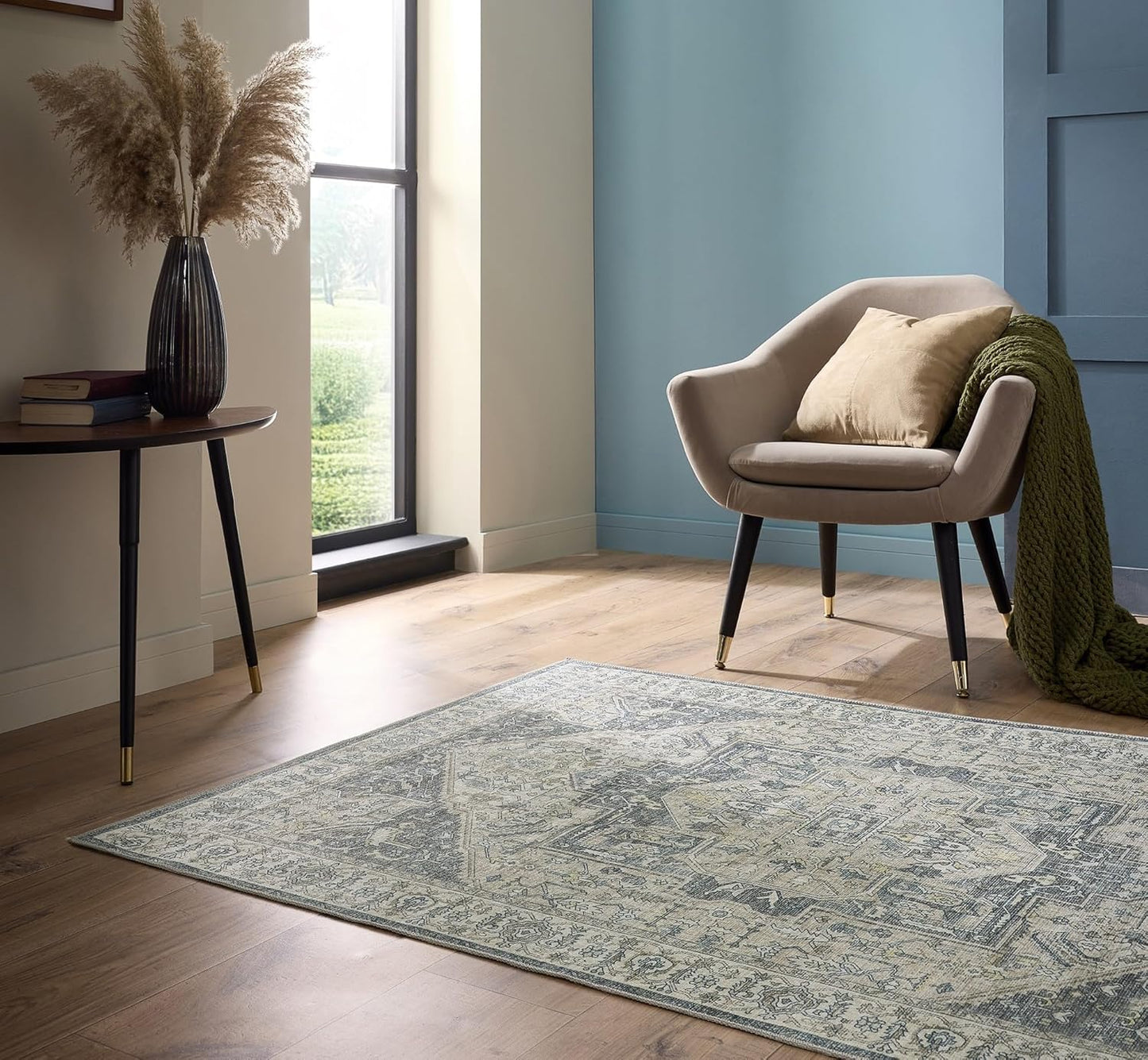 Waschbarer Teppich Napoli in Blau, Grau und Gelb – Traditioneller, rutschfester Vintage-Teppich