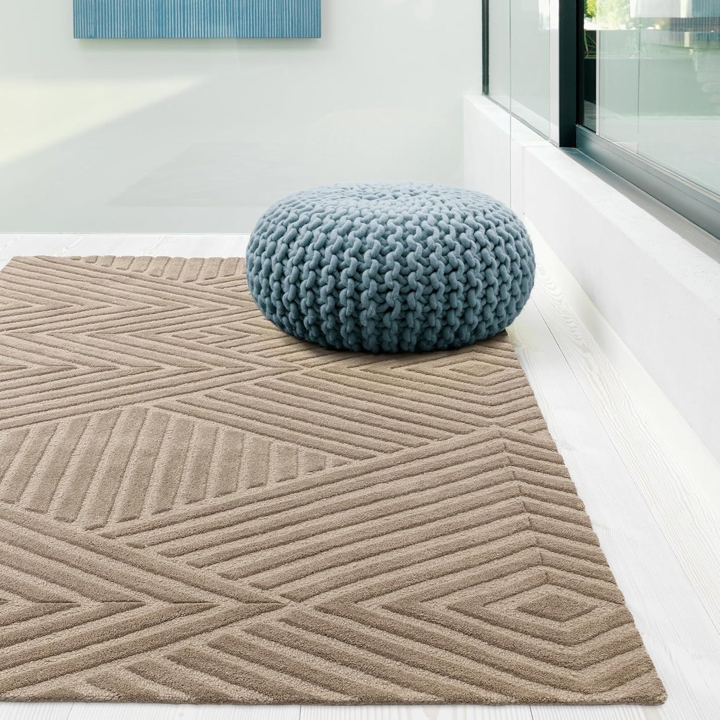 Hague Hand Made Wool Rug for Bedroom Dining Living Room Geometric Lines Tufted Modern Classic Soft Luxury Rug Taupe