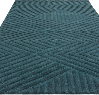Hague Hand Made Wool Rug for Bedroom Dining Living Room Geometric Lines Tufted Modern Classic Soft Luxury Rug Teal Blue