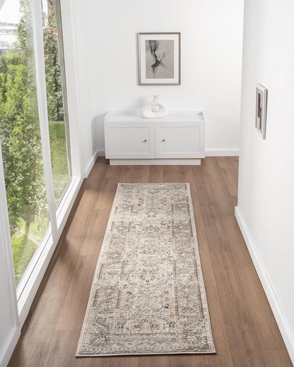 Waschbarer Läufer 553A2 mit Bordüre in Cremebeige – Traditioneller, rutschfester Flurteppich im Vintage-Stil
