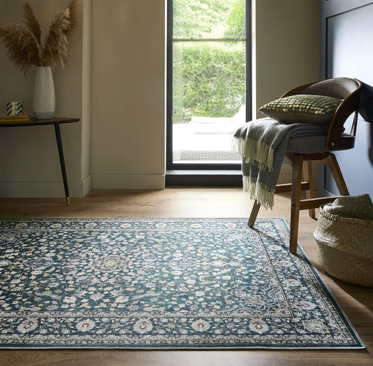 Waschbarer Teppich Windsor in Smaragdgrün – Traditioneller rutschfester Vintage-Teppich