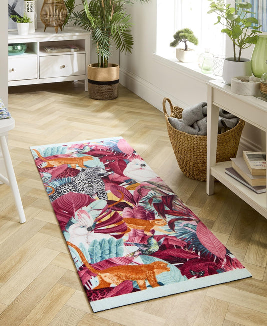 Washable Studio Tropical Rug Non Slip Mat for Kitchen Hallway Hall Home Entrance Multi Coloured Rug in 65x150 cm (2'4"x5')