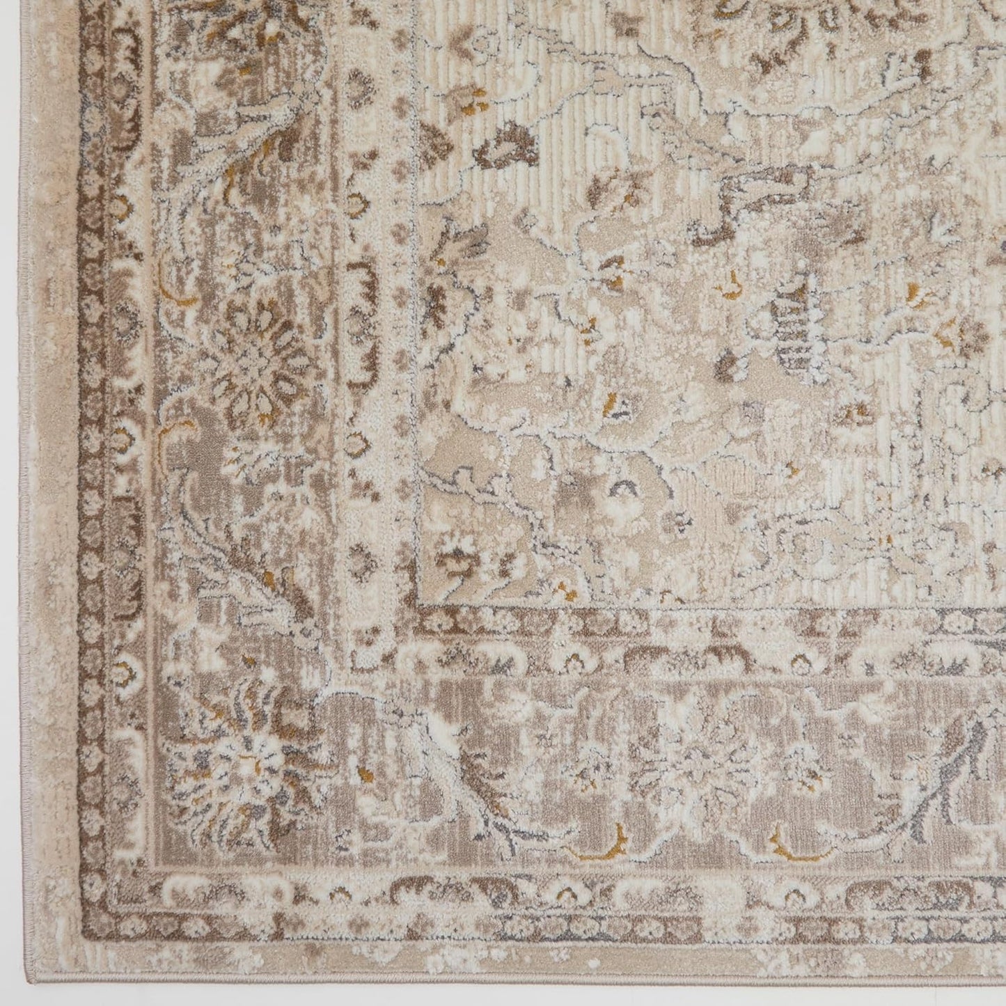 Waschbarer Läufer 553A2 mit Bordüre in Cremebeige – Traditioneller, rutschfester Flurteppich im Vintage-Stil