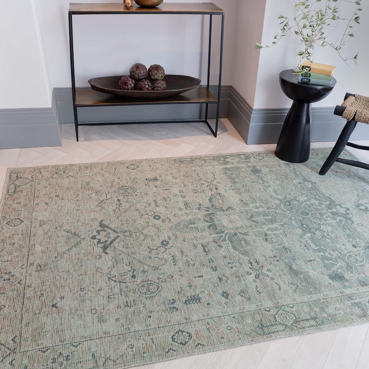 Kaya Traditional Chenille Rug – Vida Green – Classic Bordered Soft Flatweave Carpet