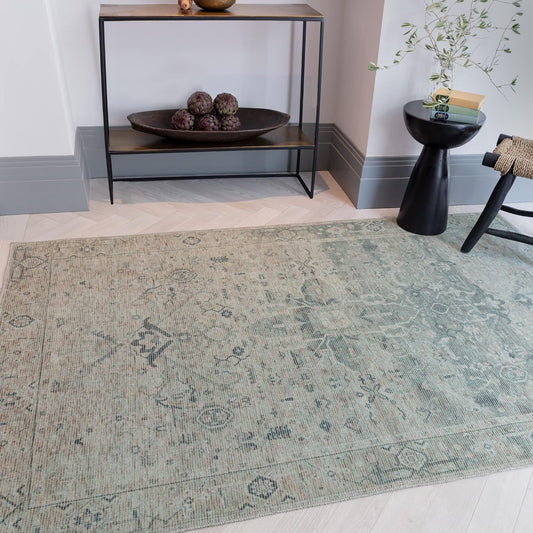 Kaya Traditional Chenille Rug – Vida Green – Classic Bordered Soft Flatweave Carpet
