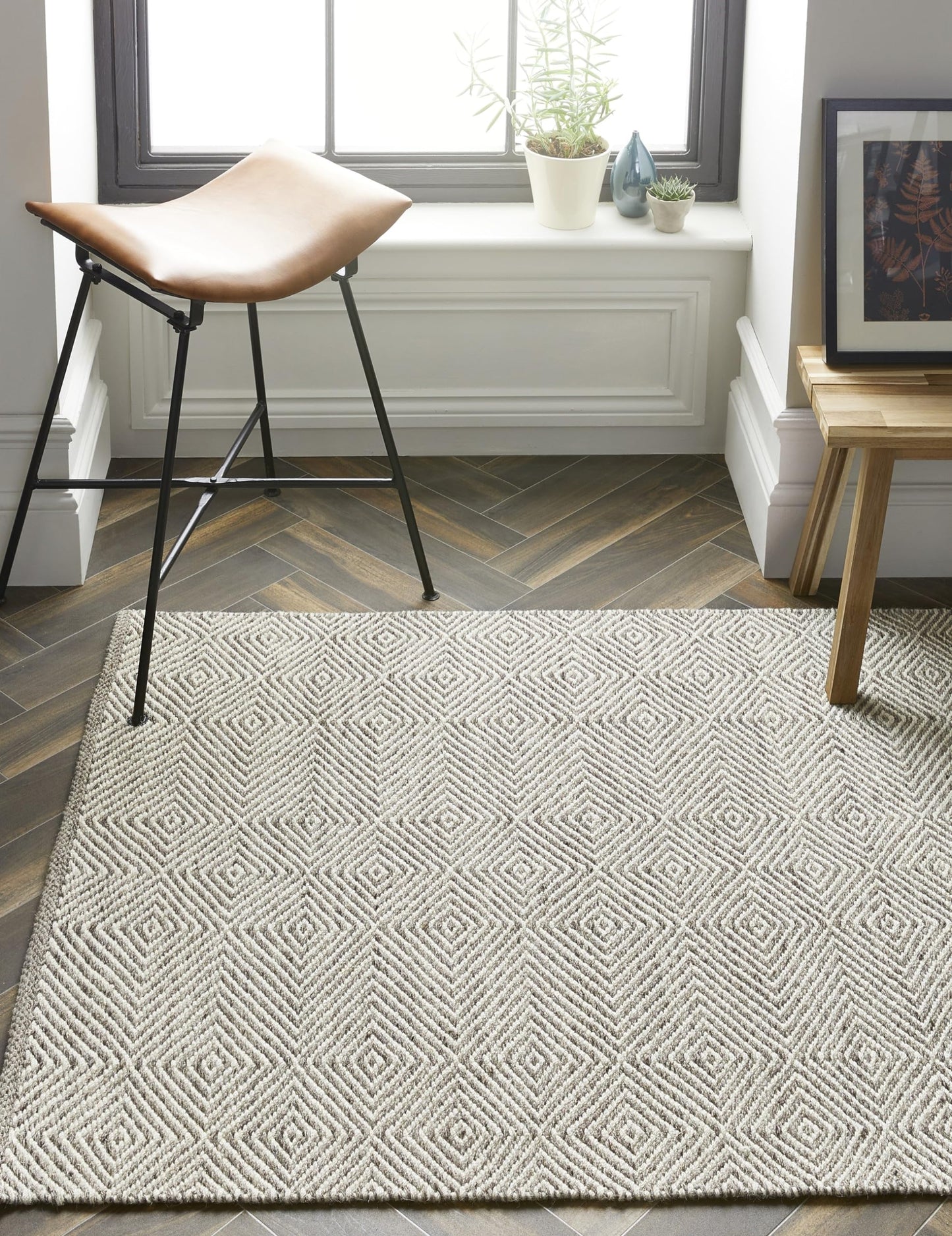 Flatweave Hand Woven Wool Rug for Living Room Dining Room Bedroom Kitchen Geometric Diamond Pattern Home Decor Area Rug