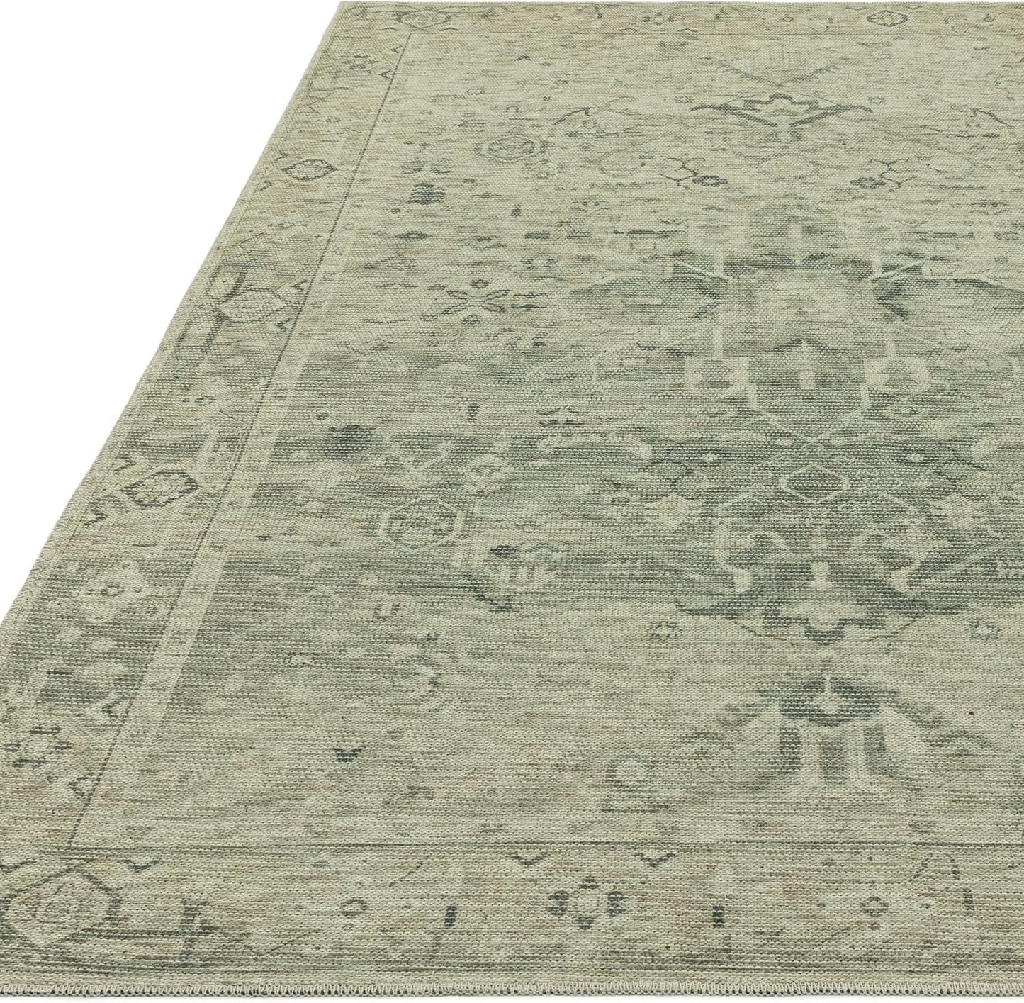 Kaya Traditional Chenille Rug – Vida Green – Classic Bordered Soft Flatweave Carpet