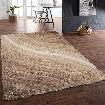 Lena Wave 3D Shaggy Rug – Mocha – 160x230 cm Soft Plush High Pile Carpet